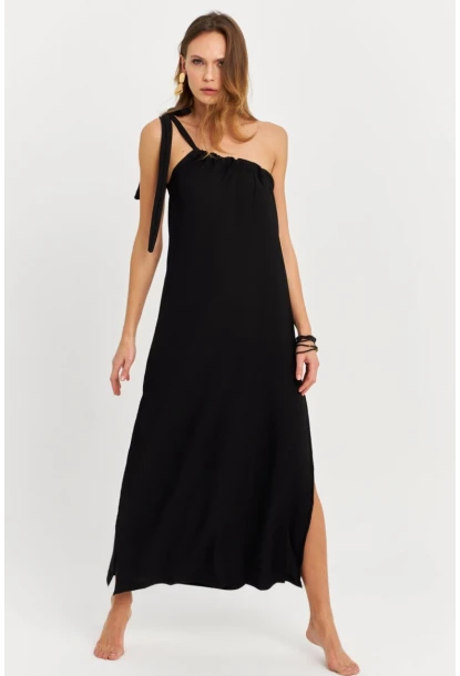 Kadın Siyah Yırtmaçlı Bürümcük Midi Elbise EY3061