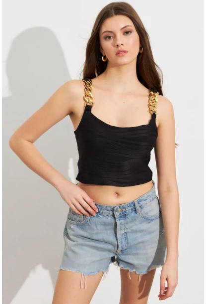 Kadın Siyah Zincir Askılı Astarlı Crop Bluz LİT109