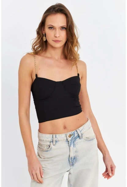 Kadın Siyah Zincir Askılı Crop Bluz LİT100