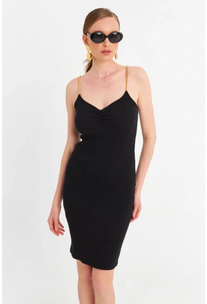 Kadın Siyah Zincir Askılı Kaşkorse Midi Elbise UR204