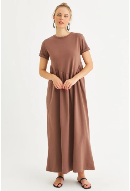 Kadın Sütlü Kahve Asimetrik Dikişli Maxi Elbise MDMR440