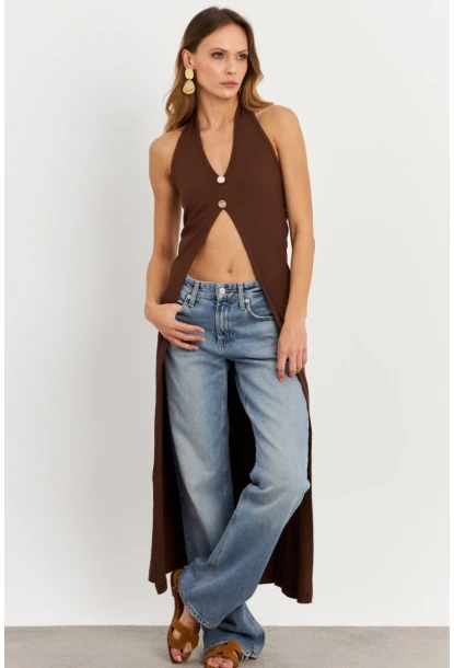 Kadın Taba Düğme Detaylı Uzun Yelek EY3048