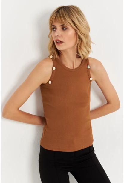 Kadın Tarçın Düğme Detaylı Kolsuz Kaşkorse Bluz TF55