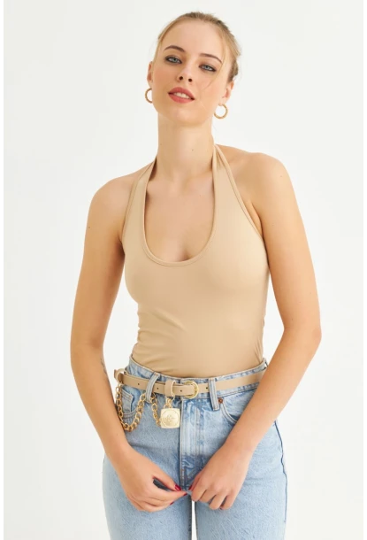 Kadın Taş Boyun Askılı Crop Bluz TF69