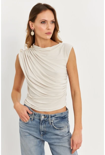 Kadın Taş Düğme Detaylı Büzgülü Bluz LPP1205-1