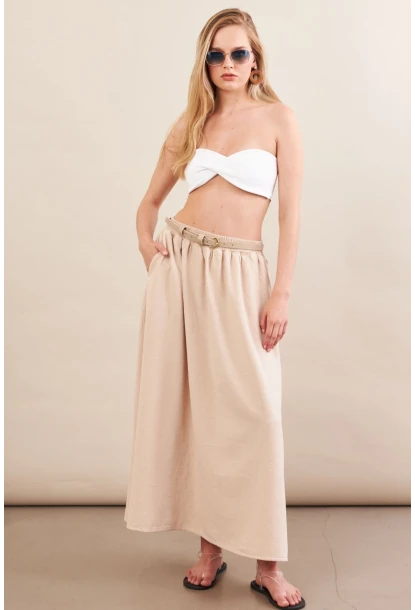 Kadın Taş Keten Cepli Midi Etek RSP4440