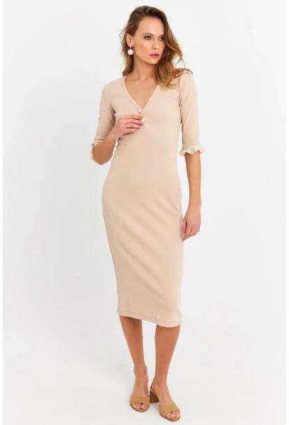 Kadın Taş Kolları Dantel Detaylı Kaşkorse Midi Elbise EY2955