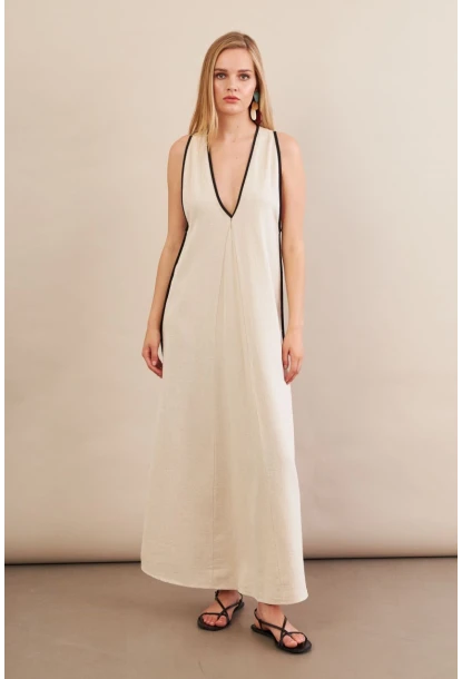 Kadın Taş Kontrast Çizgili Maxi Keten Elbise MSİ101