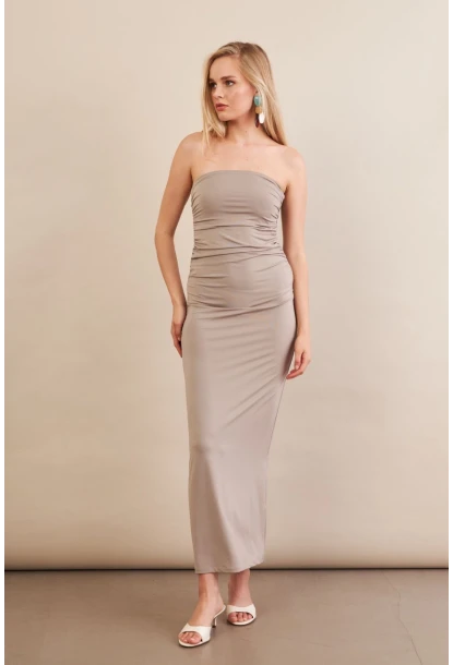 Kadın Taş Straplez Büzgülü Midi Elbise MX2005