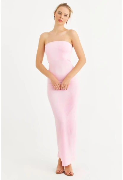Kadın Toz Pembe Straplez Yırtmaçlı Midi Elbise XC005