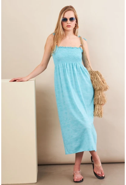 Kadın Turkuaz Gipeli Midi Plaj Elbisesi OR501