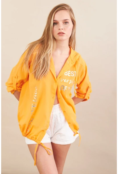 Kadın Turuncu Baskılı Kapüşonlu Gömlek MPC308