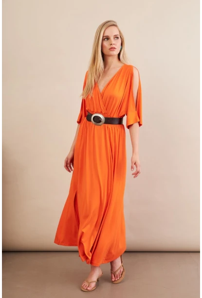 Kadın Turuncu Kol Pencereli Midi Elbise MP500