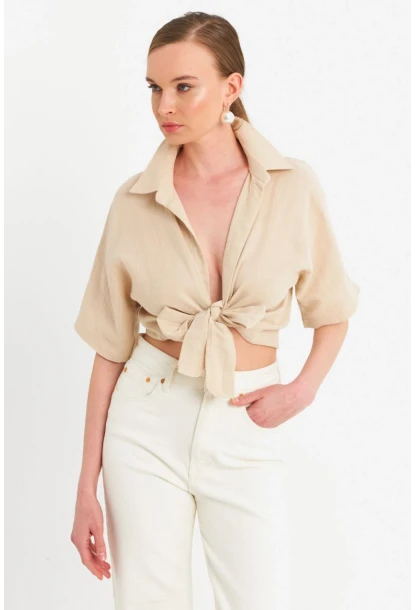 Kadın Vanilya Bağlamalı Keten Bluz BTH16