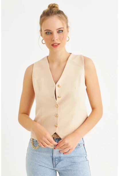 Kadın Vanilya Düğme Detaylı Astarlı Yelek SGT410