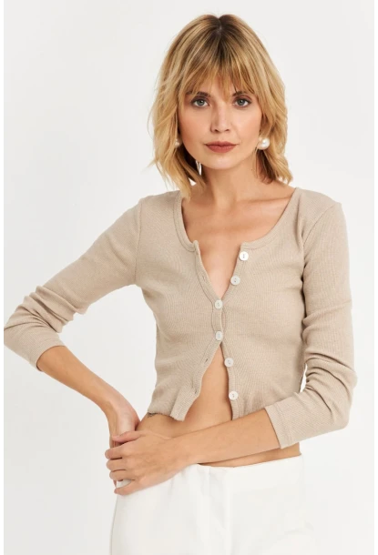 Kadın Vanilya Düğme Detaylı Basic Bluz ALB3814