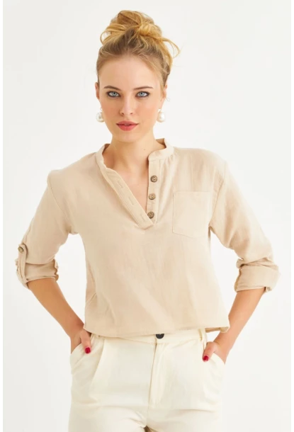 Kadın Vanilya Düğmeli Keten Gömlek Bluz BTH17