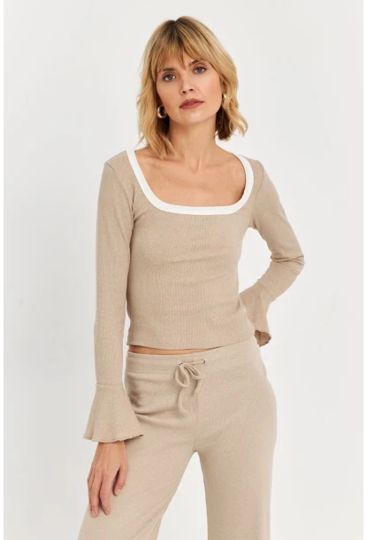 Kadın Vanilya Kontrast Yaka İspanyol Kol Bluz ALB3105