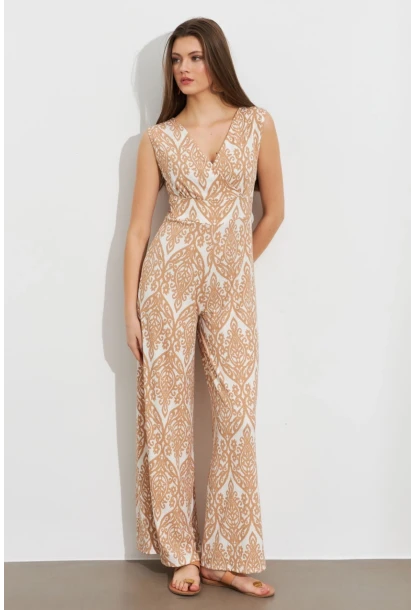 Kadın Vanilya Kruvaze Yaka Desenli Bürümcük Tulum MP430