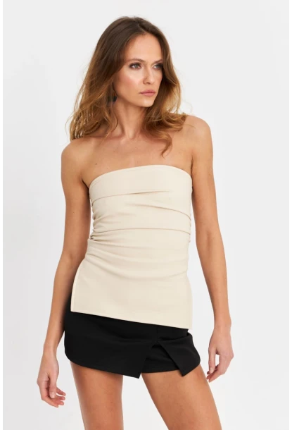 Kadın Vanilya Suni Deri Straplez Bluz SB113