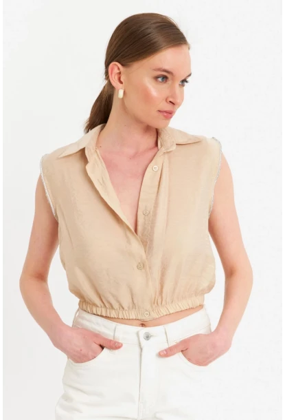 Kadın Vanilya Taş Detaylı Crop Gömlek SUN200