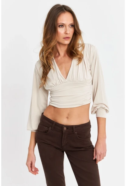 Kadın Vanilya V Yaka Büzgülü Crop Bluz SB309-90