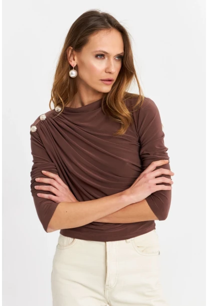 Kadın Vizon Düğme Detaylı Büzgülü Bluz LPP1223-1