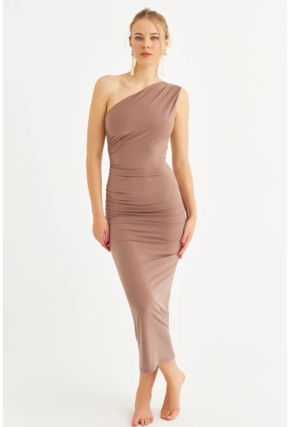 Kadın Vizon Tek Omuz Büzgülü Midi Elbise DMR294-90