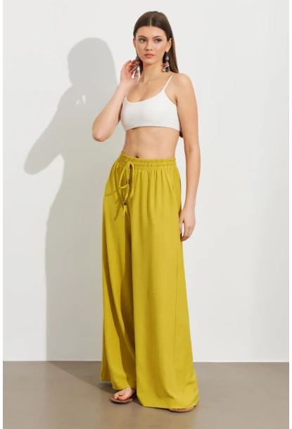 Kadın Yağ Yeşili Beli Lastikli Bürümcük Pantolon ROP105