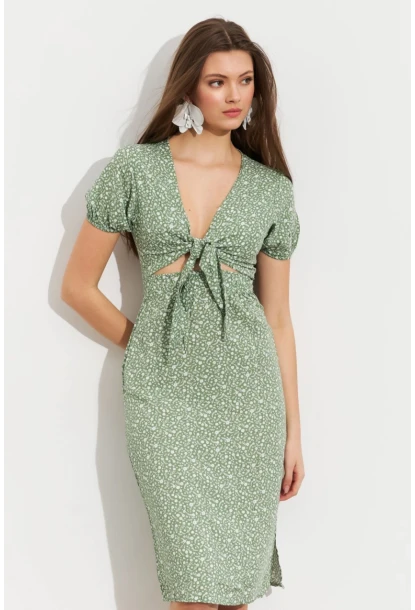 Kadın Yeşil Desenli Pencereli Midi Elbise Q1013
