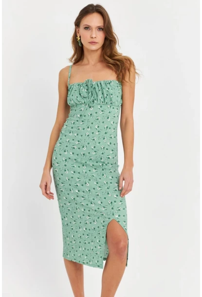 Kadın Yeşil Önü Bağlamalı Midi Elbise MTK10546