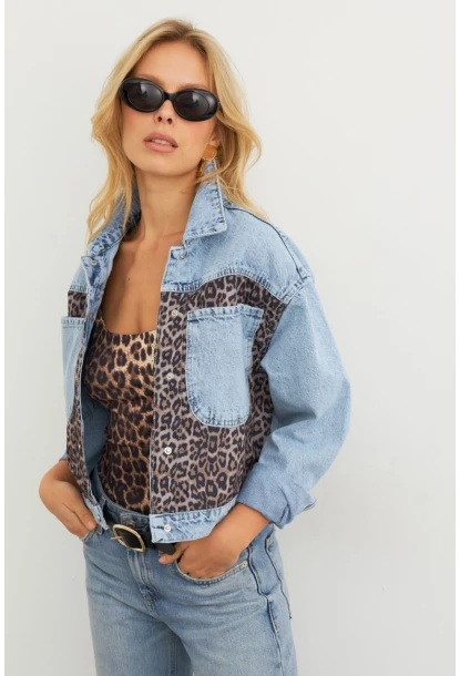 Kadın Açık-Mavi Bloklu Leopar Denim Ceket KAM300