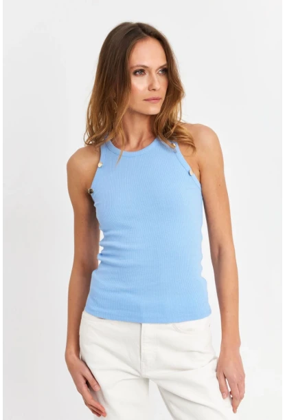 Kadın Açık-Mavi Düğme Detaylı Kolsuz Kaşkorse Bluz TF55