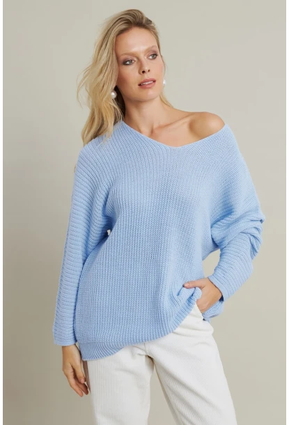 Kadın Açık-Mavi V Yaka Salaş Triko Bluz SMT158
