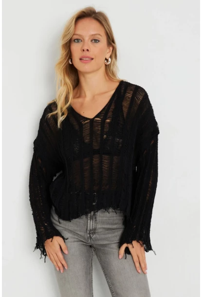 Kadın Ajurlu Triko Bluz Siyah YZ618