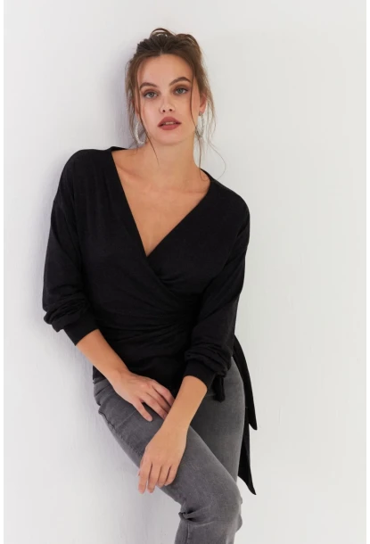 Kadın Antrasit Bağlamalı Kruvaze Bluz EY2933