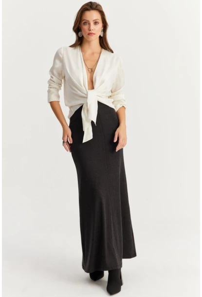 Kadın Antrasit Beli Lastikli Evoze Maxi Etek EY2923