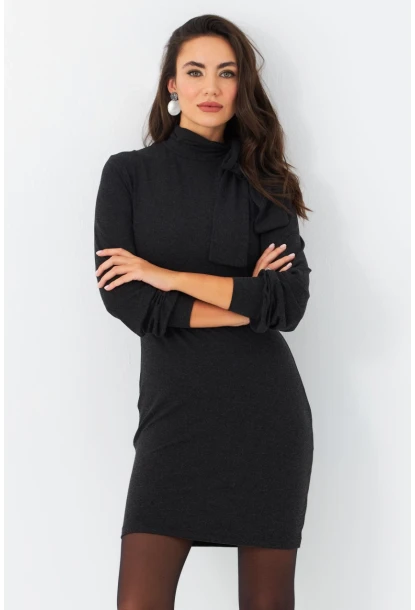 Kadın Antrasit Boyundan Bağlamalı Midi Elbise EY2971