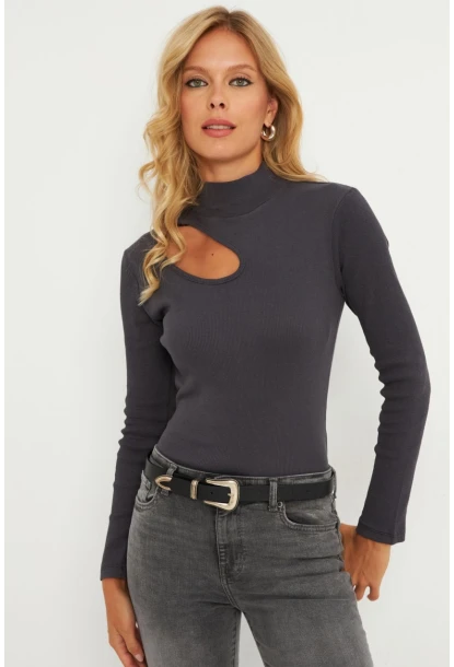 Kadın Antrasit Çapraz Yaka Yarım Balıkçı Bluz B1404