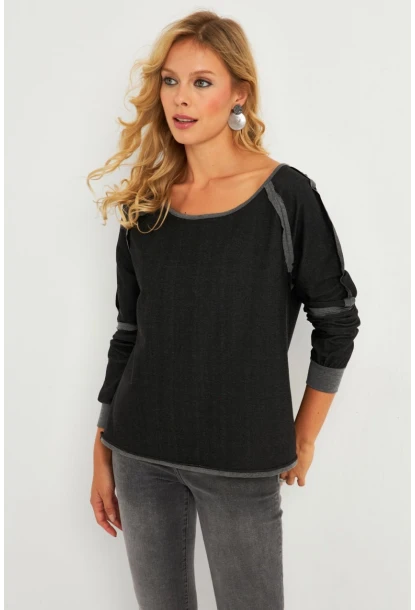 Kadın Antrasit Kayık Yaka Ters Dikişli Sweatshirt TF10