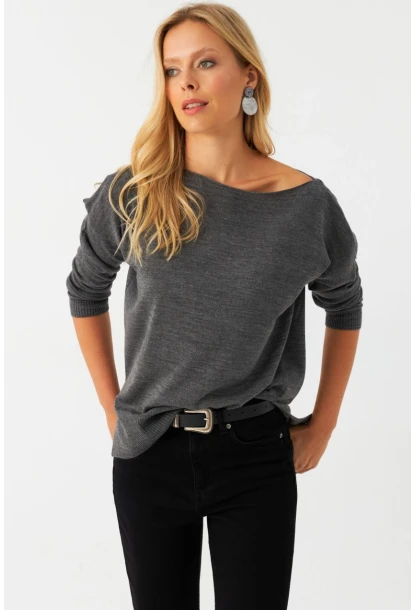 Kadın Antrasit Kayık Yaka Triko Bluz YİL561