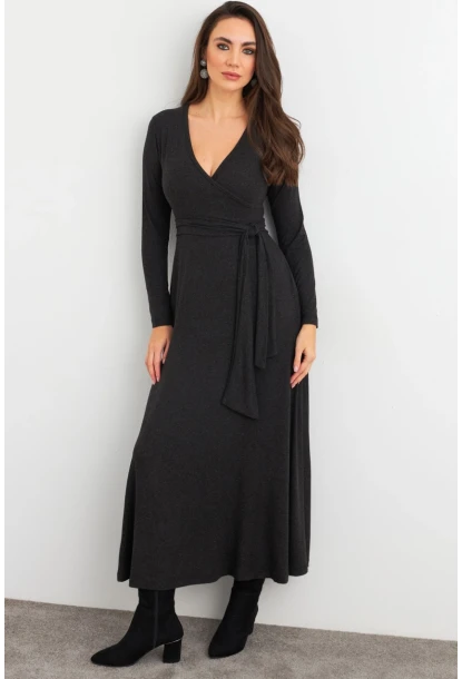 Kadın Antrasit Kruvaze Bağlamalı Midi Elbise EY3020