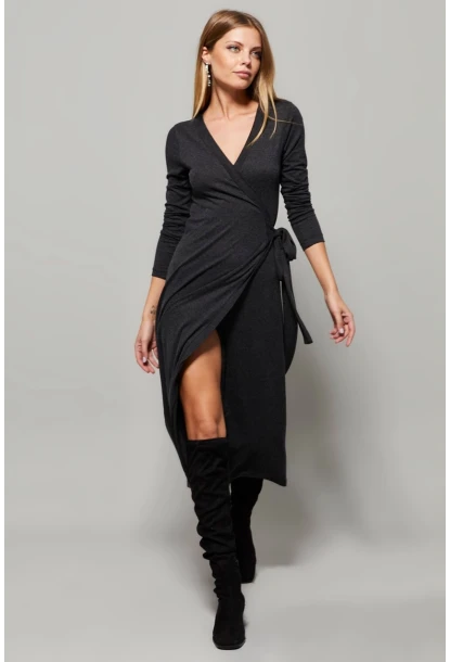 Kadın Antrasit Kruvaze Maxi Elbise EY1135