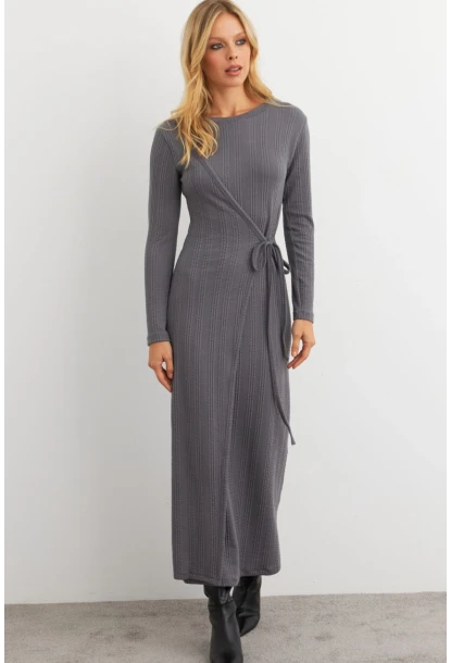 Kadın Antrasit Kruvaze Maxi Elbise MTF31