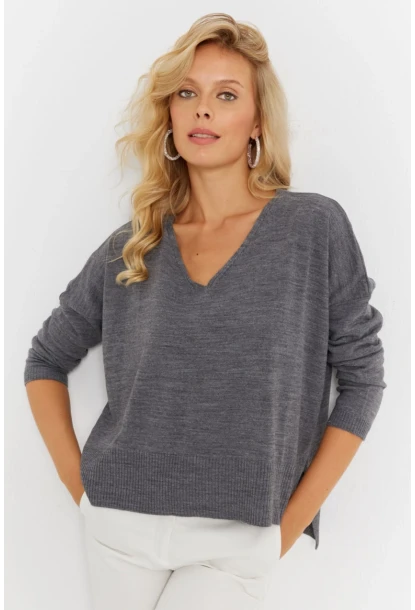 Kadın Antrasit Önü Kısa Triko Kazak YİL551