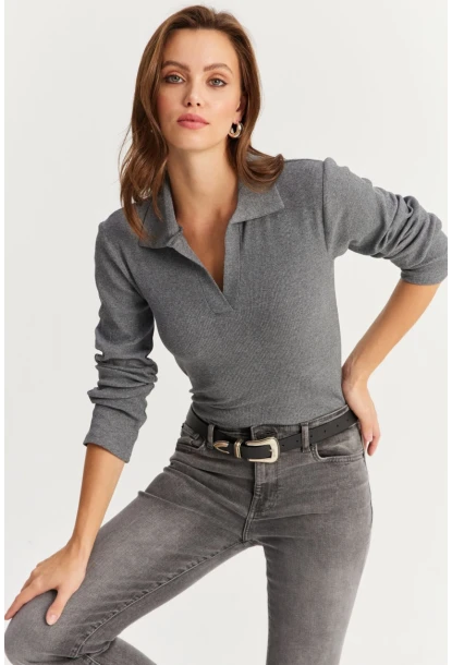 Kadın Antrasit Polo Yaka Kaşkorse Bluz LON3006