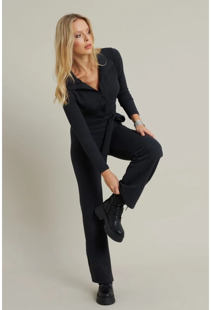 Kadın Antrasit Polo Yaka Kemerli Tulum YLE1099