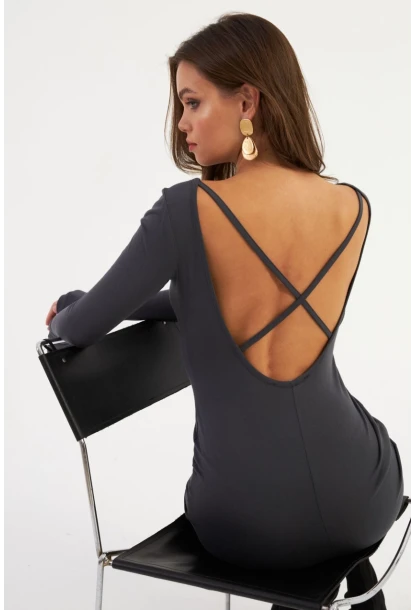 Kadın Antrasit Sırt Dekolteli Mini Elbise HOR36