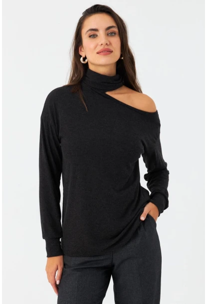 Kadın Antrasit Tek Omuz Açık Balıkçı Bluz EY2981