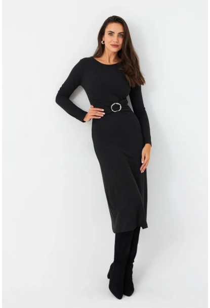 Kadın Antrasit Tokalı Midi Elbise EY2984